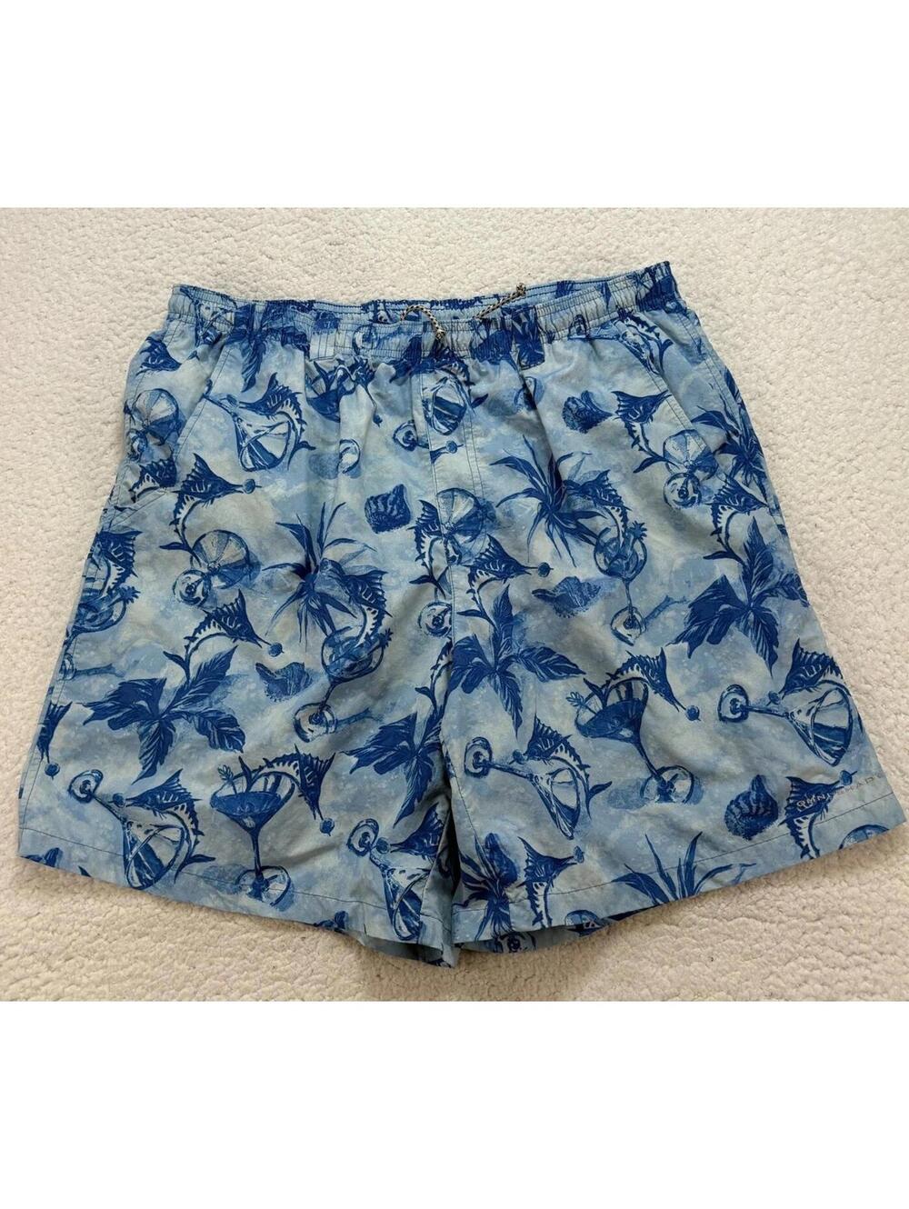 Columbia PFG Men's Large Nylon Swim Trunks Blue Mesh Lined Swordfish Martinis